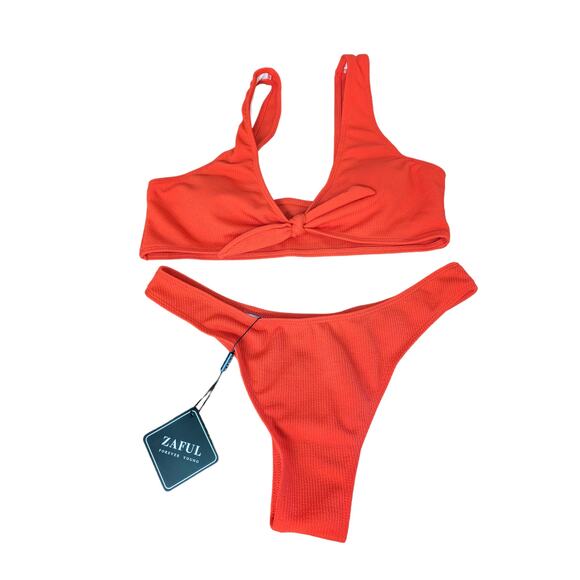 Zaful Ribbed Bikini Swimsuit Set Size‎ 6 Red Light Padding Knot Front Deep VNeck - Picture 1 of 12